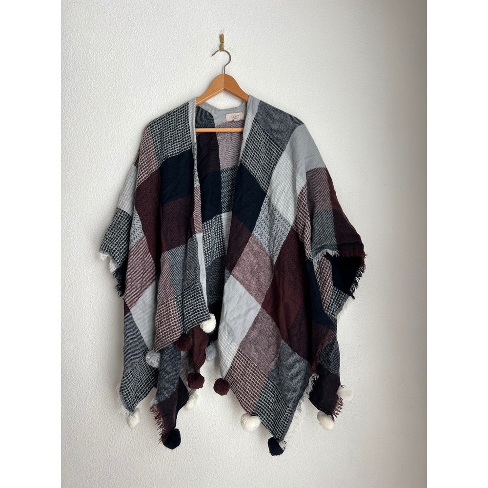 LOFT Outlet‎ Plaid Poncho Kimono Wrap Fringe Pom Poms One Size